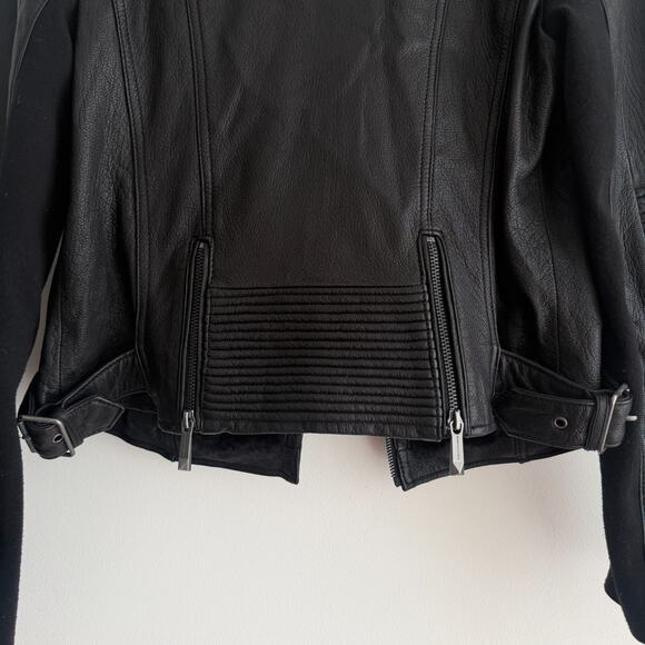 BCBG Maxazria Leather Bomber Jacket Womens Medium Black Moto NO ZIPPER Faux Fur - Picture 10 of 13